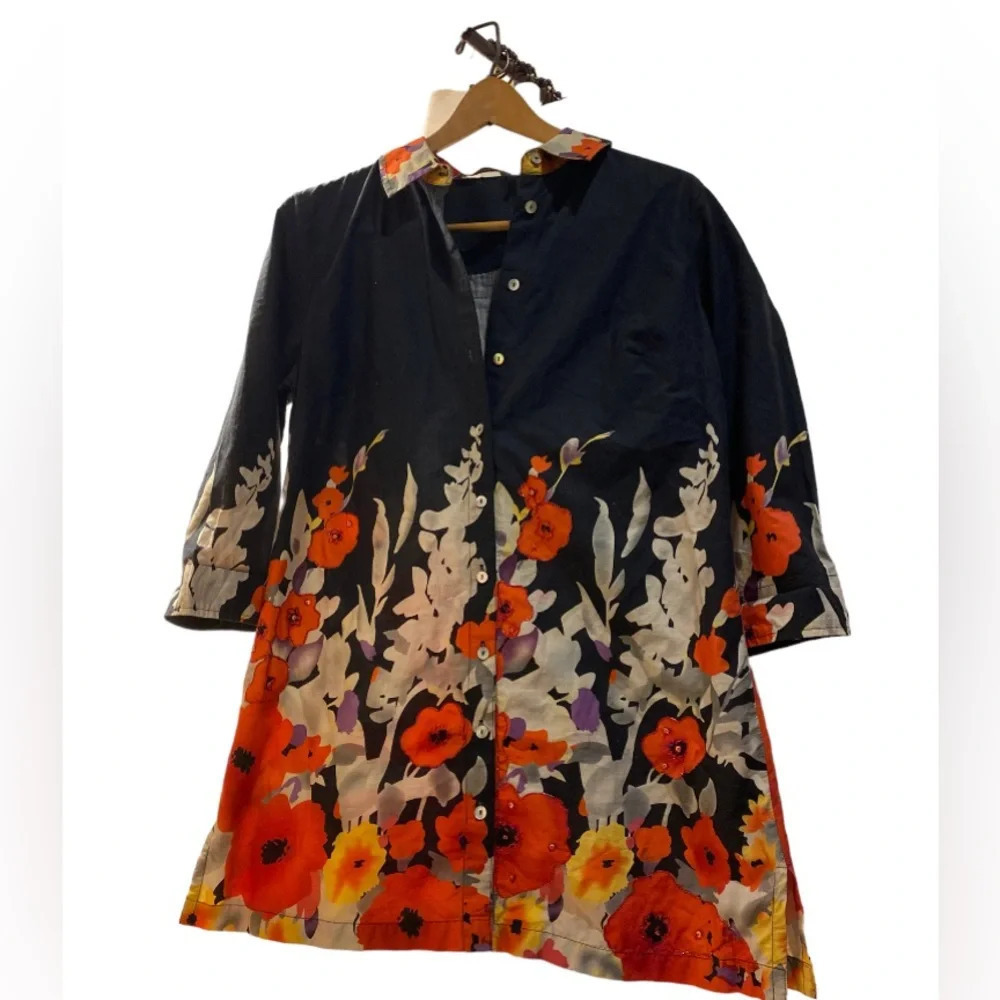 Soft Surroundings NWOT Top Blouse Tunic Black Floral Smock Cotton Beaded… - Picture 2 of 9